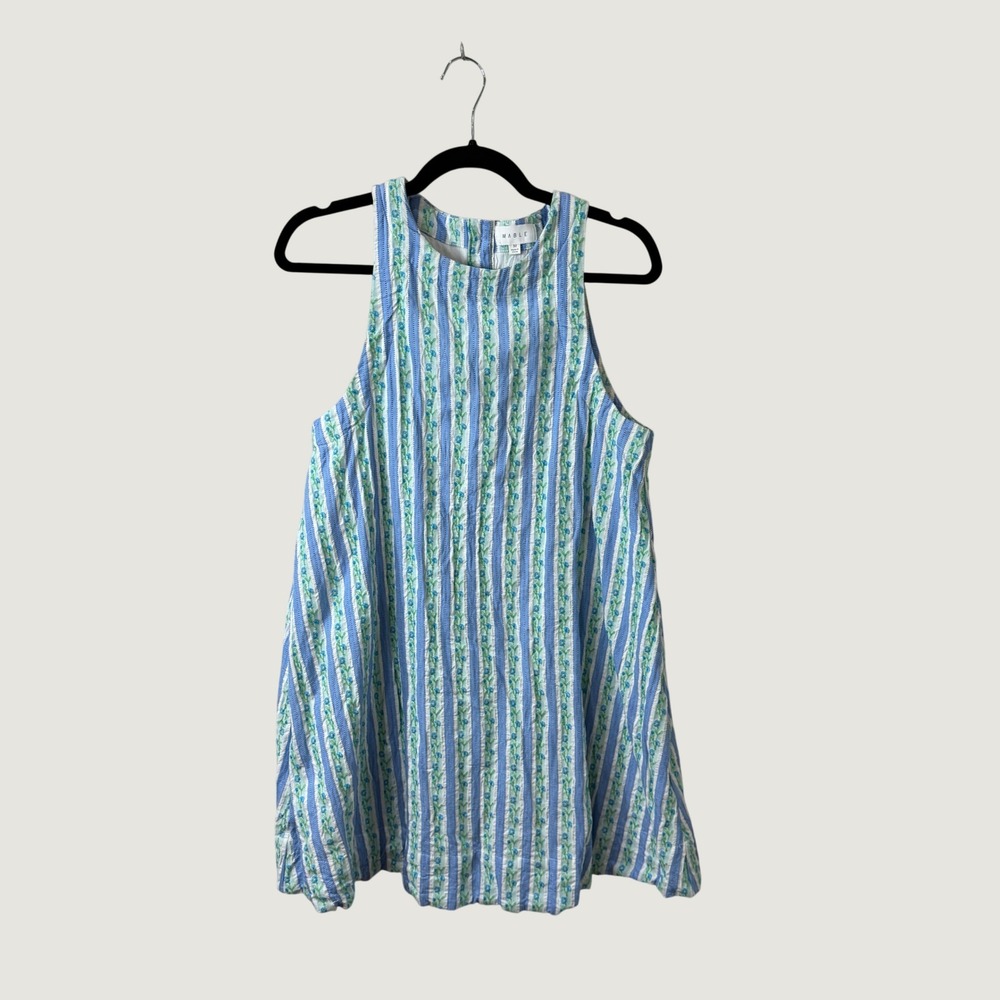 MABLE Blue White Striped Floral Seersucker Sleeveless Mini Summer Dress Resort M - Picture 3 of 5